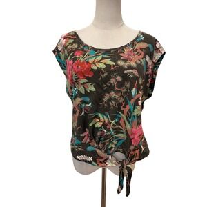 Anthropologie Floral Tie Top Sz L Linen Cotton Boho Tropical Y2K Style